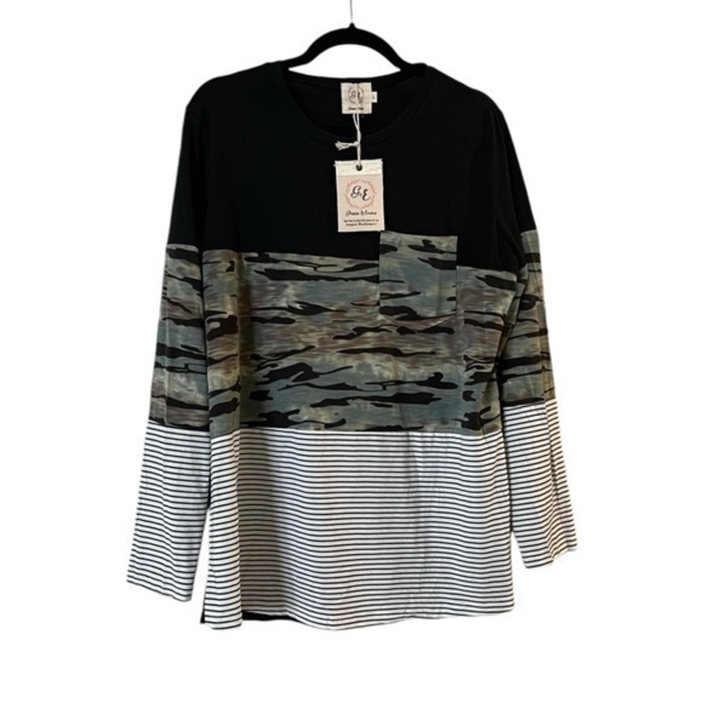 NWT! Grace & Emma mixed print camo stripes & solid long sleeve t-shirt, M